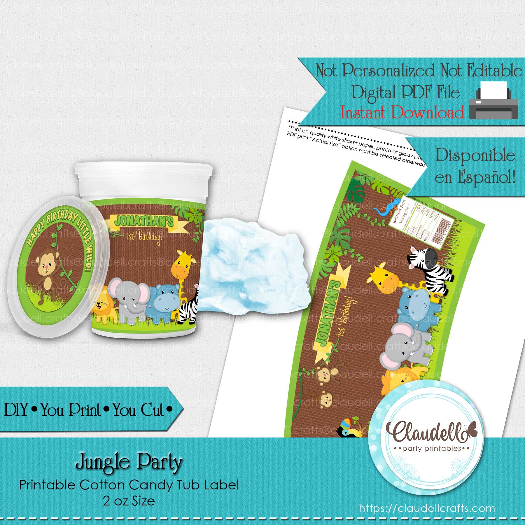 Jungle Party Cotton Candy Tubs Wrapper, Jungle Wild Party Cotton Candy Label, Jungle Zoo Party Decoration, Wild One Birthday Party, Safari Party Favors/Digital File Only