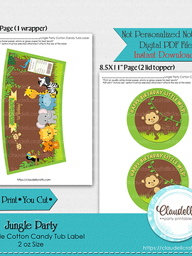 Jungle Party Cotton Candy Tubs Wrapper, Jungle Wild Party Cotton Candy Label, Jungle Zoo Party Decoration, Wild One Birthday Party, Safari Party Favors/Digital File Only