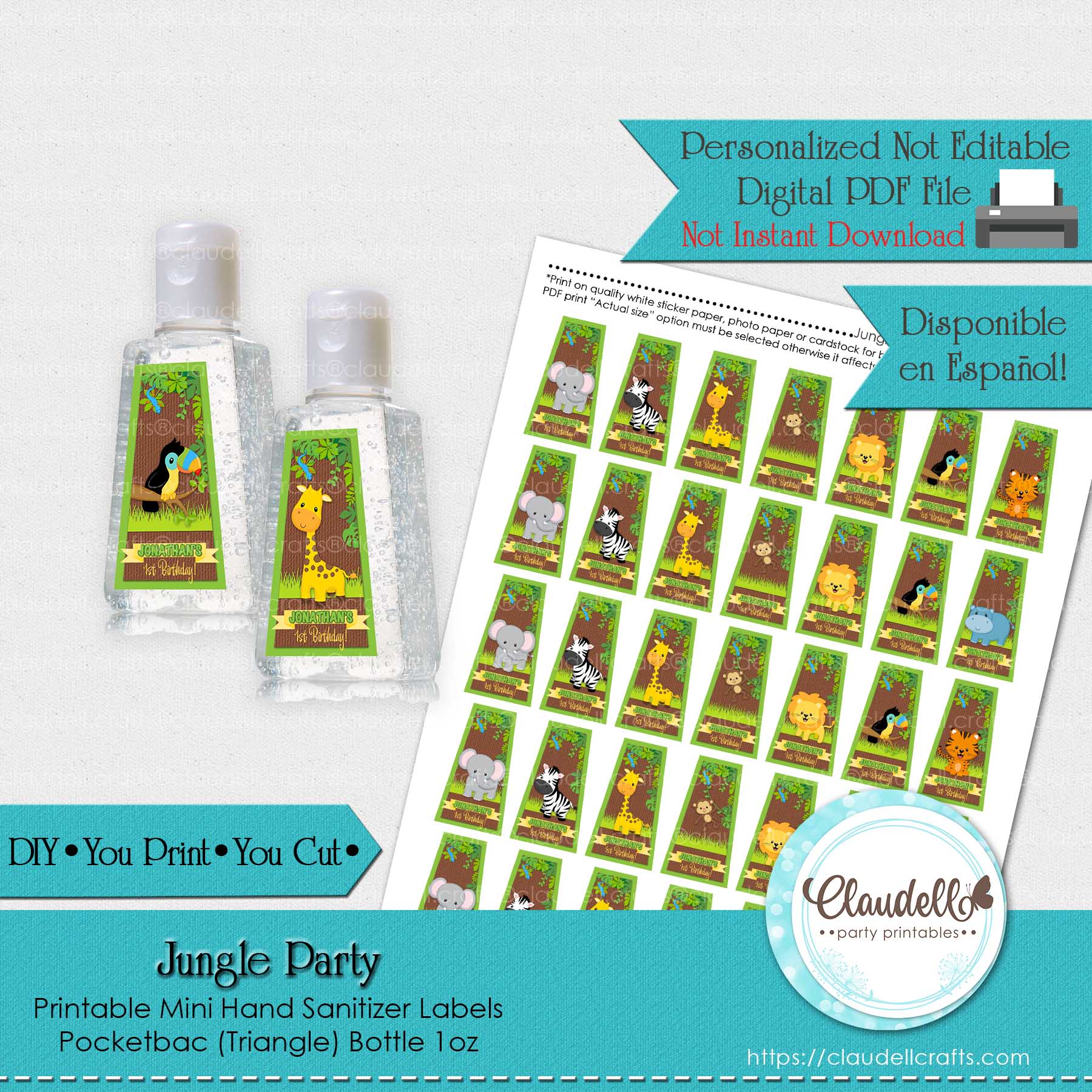 Jungle Party Mini Hand Sanitizer Label (Pocketbac Triangular) Jungle Wild Birthday Party Labels, Jungle Zoo Party Decoration, Wild One Birthday Party, Safari Party Favors/Digital File Only