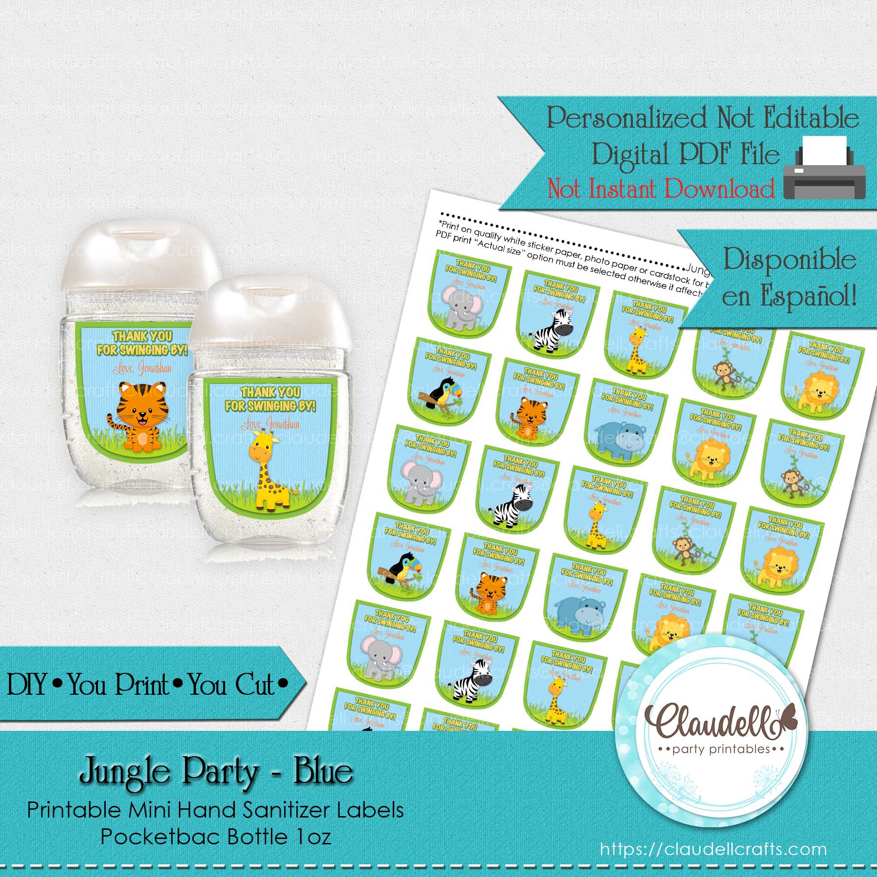 Jungle Party Blue Mini Hand Sanitizer Label, Pocketbac Semi Round Bottle, Jungle Wild Birthday Party Labels, Jungle Zoo Party Decoration, Wild One Birthday Party, Safari Party Favors/Digital File Only