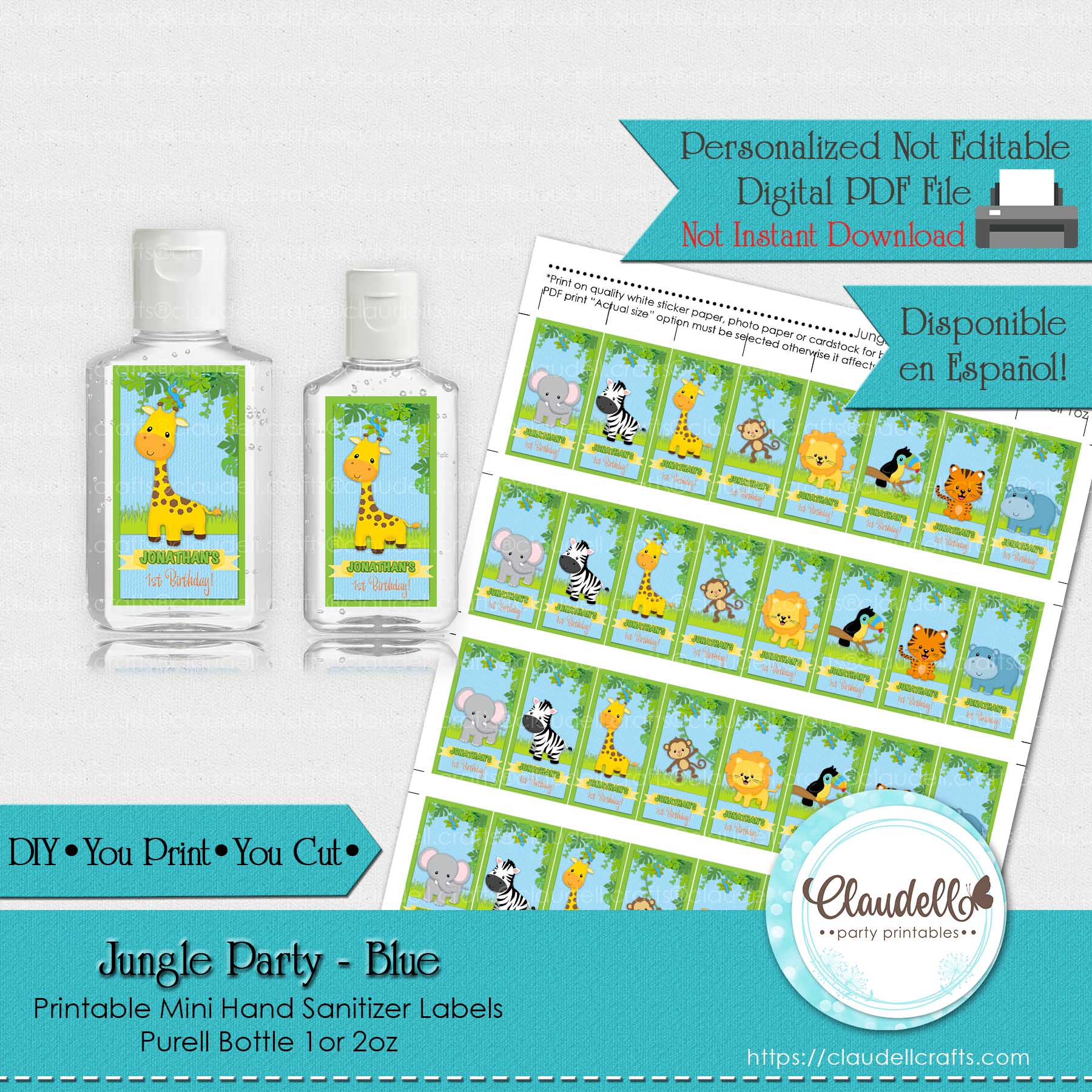 Jungle Party Blue Mini Hand Sanitizer Label (Purell) Jungle Wild Birthday Party Labels, Jungle Zoo Party Decoration, Wild One Birthday Party, Safari Party Favors/Digital File Only