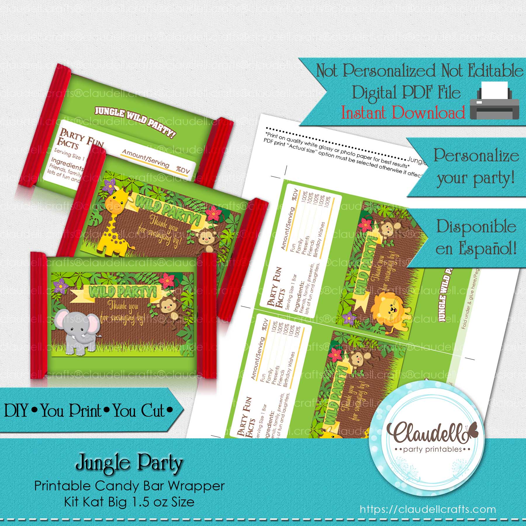 Jungle Party Candy Bar Wrapper (Kit Kat Big), Jungle Wild Birthday Party Labels, Jungle Zoo Party Decoration, Wild One Birthday Party, Safari Party Favors/Digital File Only