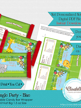 Jungle Party Blue Candy Bar Wrapper (Kit Kat Big), Jungle Wild Birthday Party Labels, Jungle Zoo Party Decoration, Wild One Birthday Party, Safari Party Favors/Digital File Only