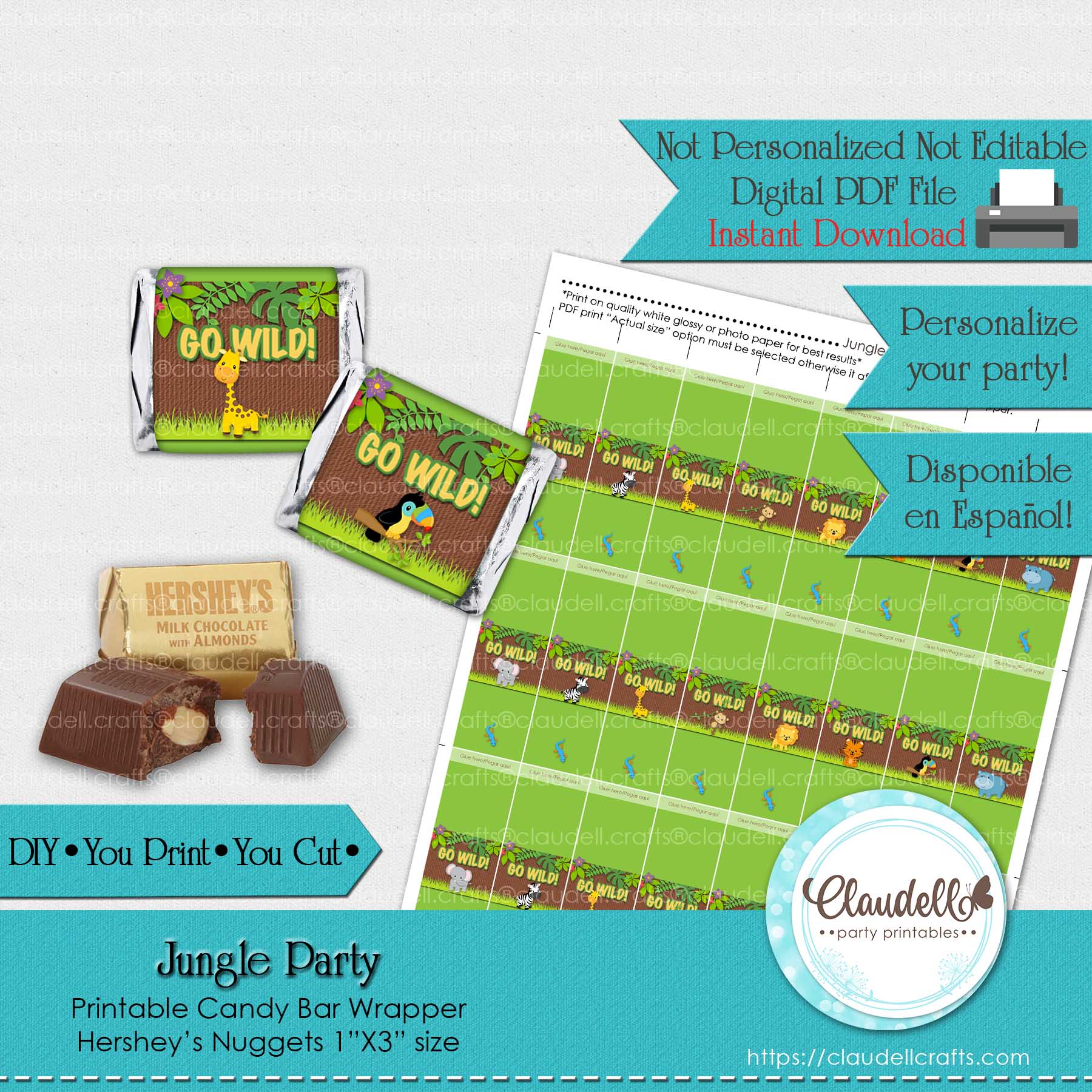 Jungle Party Candy Bar Wrapper (Hershey Nuggets), Jungle Wild Birthday Party Wrapper, Jungle Zoo Party Decoration, Wild One Birthday Party, Safari Party Favors/Digital File Only