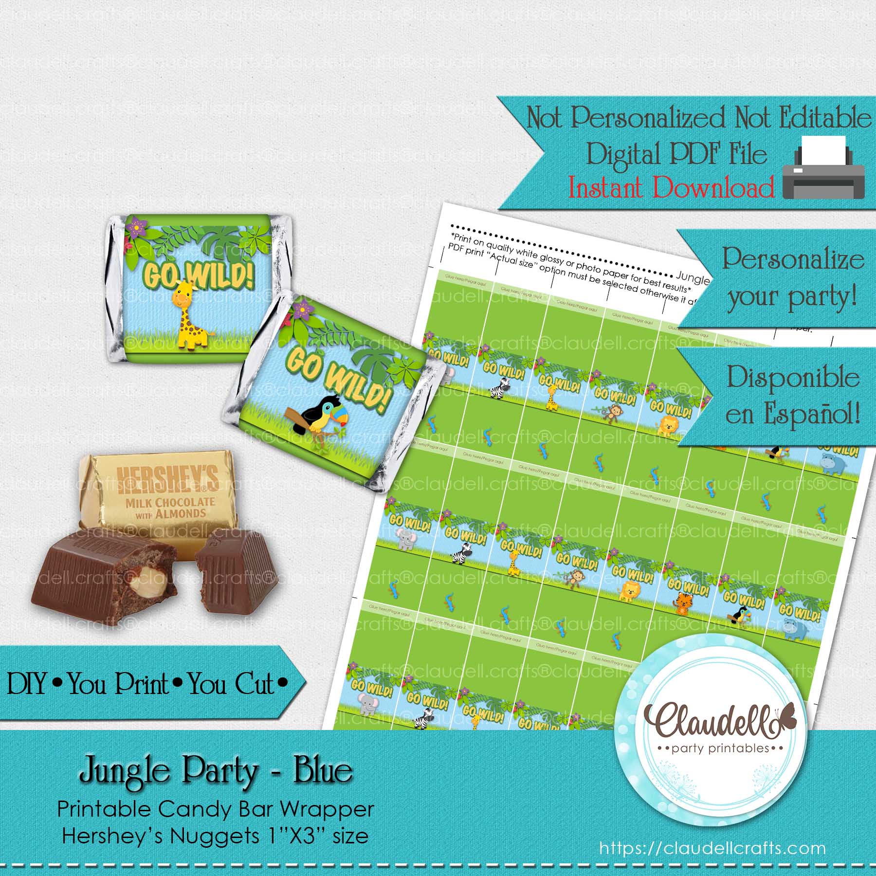 Jungle Party Blue Candy Bar Wrapper (Hershey Nuggets), Jungle Wild Birthday Party Wrapper, Jungle Zoo Party Decoration, Wild One Birthday Party, Safari Party Favors/Digital File Only