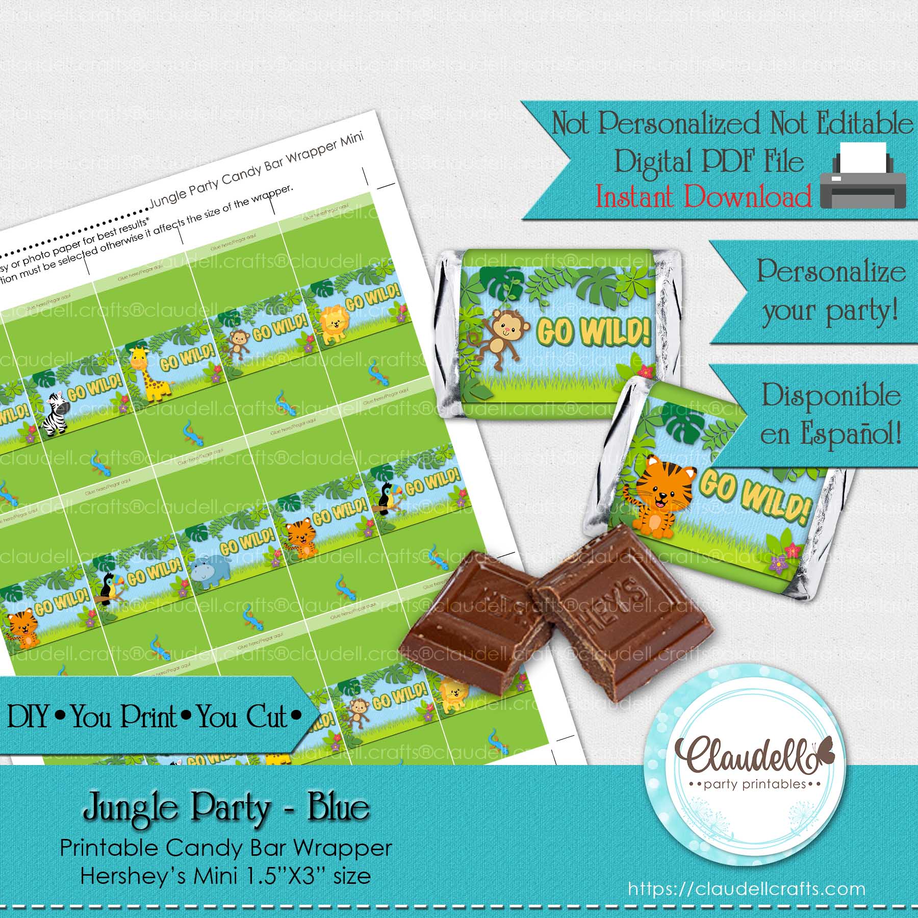 Jungle Party Blue Candy Bar Wrapper (Hershey Mini), Jungle Wild Birthday Party Wrapper, Jungle Zoo Party Decoration, Wild One Birthday Party, Safari Party Favors/Digital File Only
