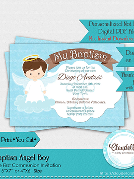 Baptism Angel Boy Printable Invitation Card, Invitación Bautizo Niño, Baptism Party Decoration, Christening Invite, Ceremonies Event Favors/Digital File Only