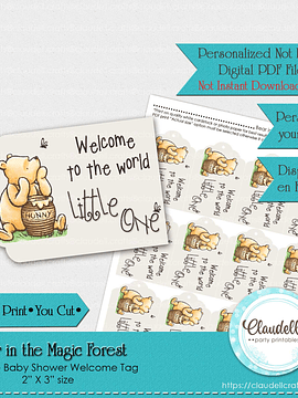 Bear in the Magic Forest Baby Shower Tag Welcome, Pooh Baby Shower, Printable Baby Shower Thank You Labels, Baby Shower Favors/Digital File Only