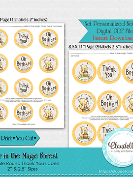 Bear in the Magic Forest Baby Shower Thank You Round Labels, Pooh Baby Shower, Printable Baby Shower Thank You Labels, Baby Shower Favors/Digital File Only