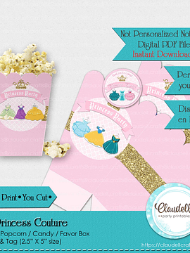 Princess Couture Popcorn Box, Princess Birthday Candy Favors Box, Princess Party Decoration, Princess One Birthday Party, Party Favors/Digital File Only