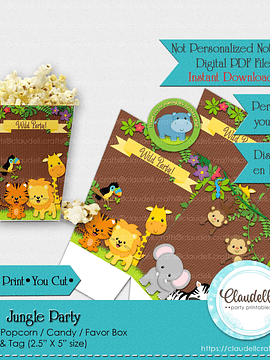 Jungle Party Popcorn Box, Jungle Wild Birthday Candy Favors Box, Jungle Zoo Party Decoration, Wild One Birthday Party, Safari Party Favors/Digital File Only