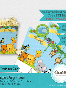 Jungle Party Blue Popcorn Box, Jungle Wild Birthday Candy Favors Box, Jungle Zoo Party Decoration, Wild One Birthday Party, Safari Party Favors/Digital File Only