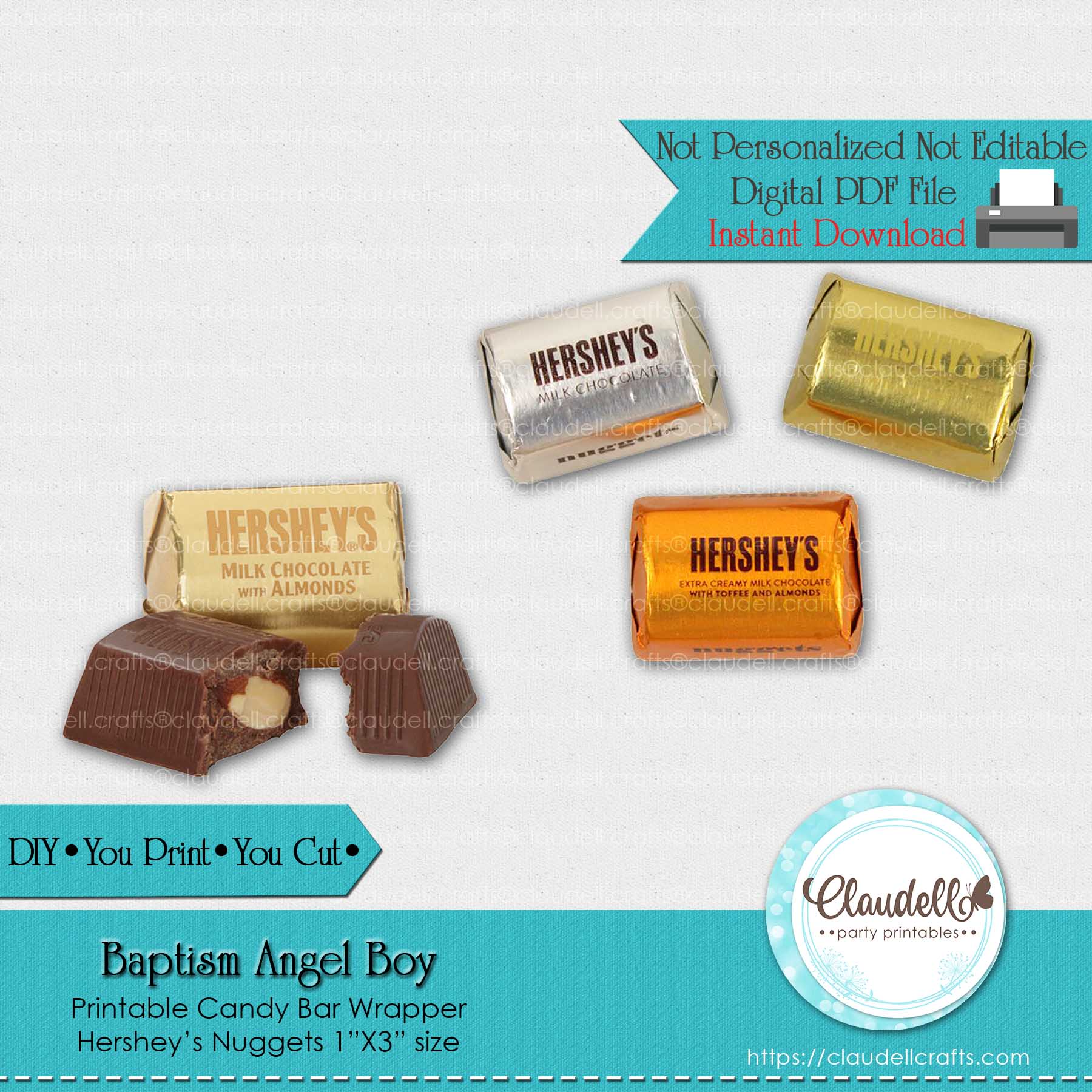 Baptism Angel Boy Candy Bar Wrapper (Hershey Nuggets), Etiqu