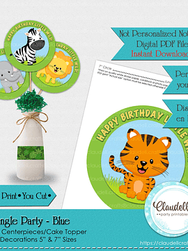 Jungle Party Blue Centerpiece, Jungle Wild Birthday Centerpieces, Jungle Zoo Party Decoration, Wild One Birthday Party, Safari Party Favors/Digital File Only
