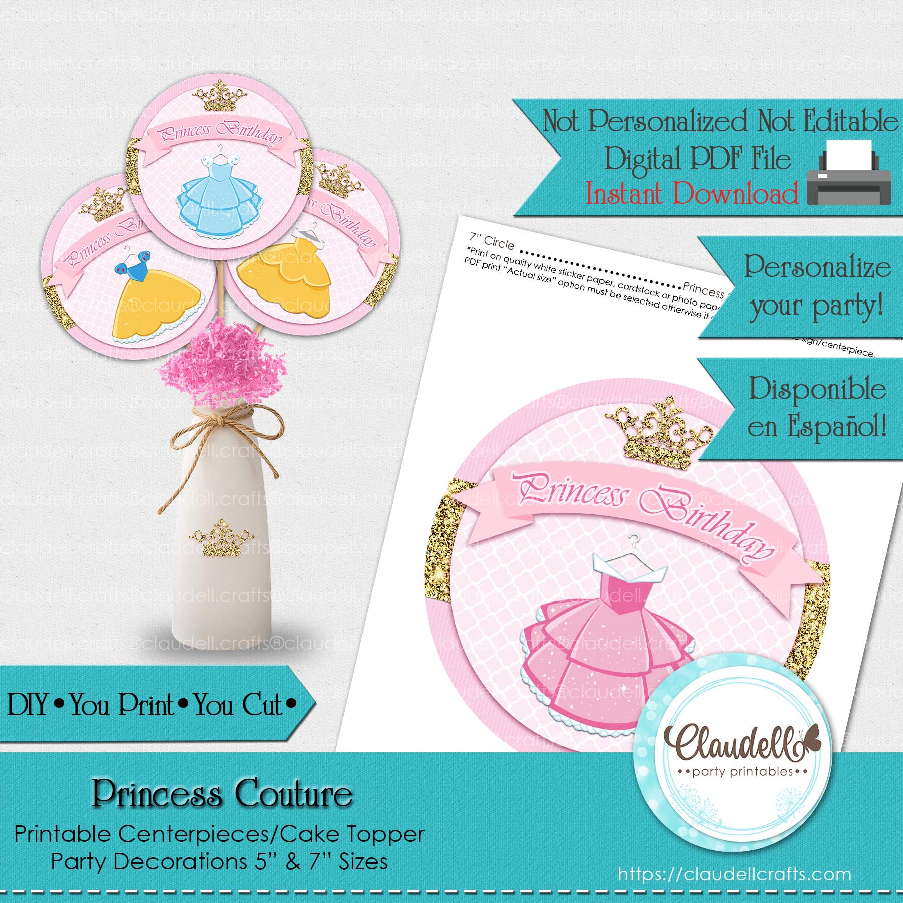 Princess Couture Round Centerpieces, Princess Birthday Centerpieces, Princess Party Decoration, Princess One Birthday Party, Princess Party Favors/Digital File Only