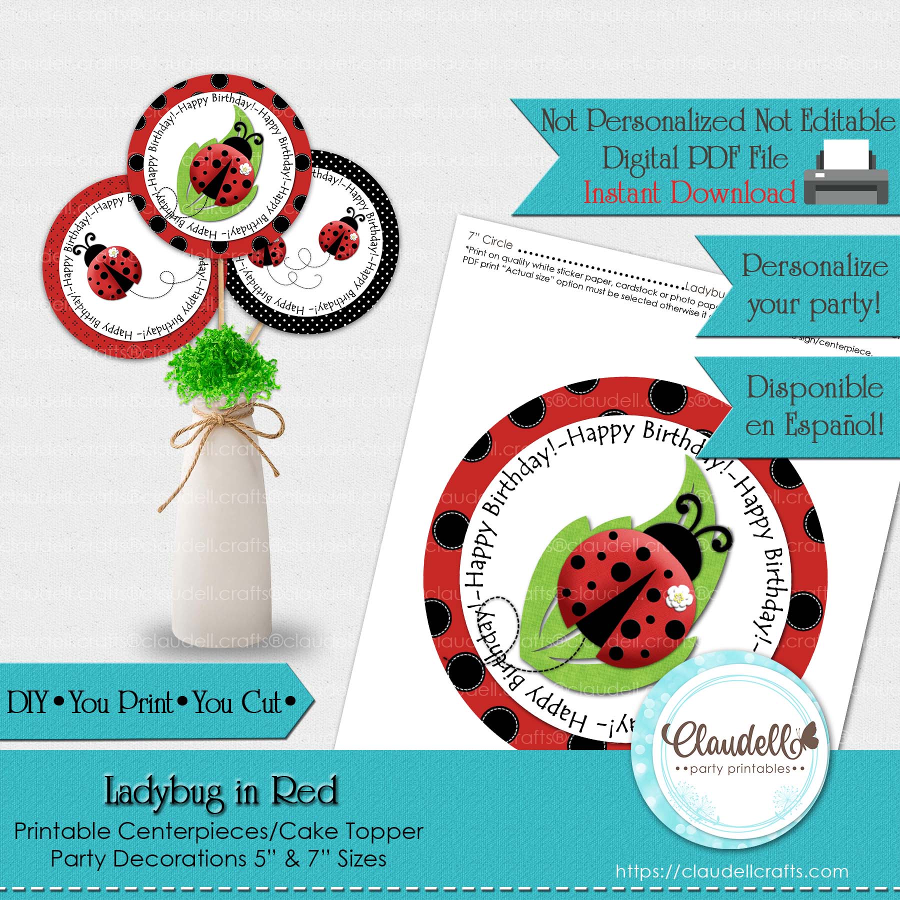 Ladybug in Red Round Centerpieces, Ladybug Birthday Centerpieces, Garden Party Decoration, Ladybug One Birthday Party, Ladybug Party Favors/Digital File Only