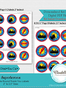Superheroes Labels Birthday Party, Superheroe Blue Red Party Round Thank You Labels, Superheroe Party Labels, Superheroe One Birthday Party, Superheroe Party Favors/Digital File Only