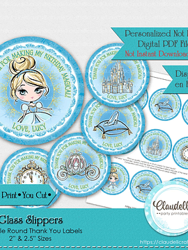 Glass Slippers Labels Birthday Party, Princess Party Round Thank You Labels, Princess Personalized Labels, Princess One Birthday Party, Princess Party Favors/Digital File Only