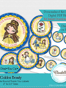 Golden Beauty Labels Birthday Party, Princess Party Round Thank You Labels, Princess Personalized Labels, Princess One Birthday Party, Princess Party Favors/Digital File Only