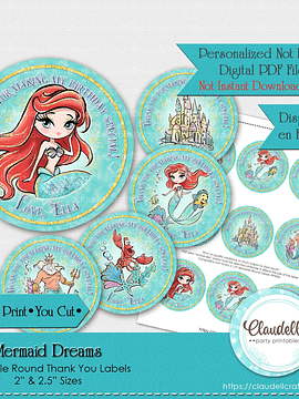 Mermaid Dreams Labels Birthday Party, Princess Party Round Thank You Labels, Princess Personalized Labels, Princess One Birthday Party, Princess Party Favors/Digital File Only