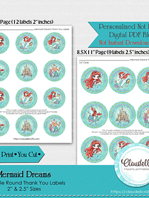 Mermaid Dreams Labels Birthday Party, Princess Party Round Thank You Labels, Princess Personalized Labels, Princess One Birthday Party, Princess Party Favors/Digital File Only