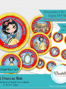 A Princess Wish Labels Birthday Party, Princess Party Round Thank You Labels, Princess Personalized Labels, Princess One Birthday Party, Princess Party Favors/Digital File Only