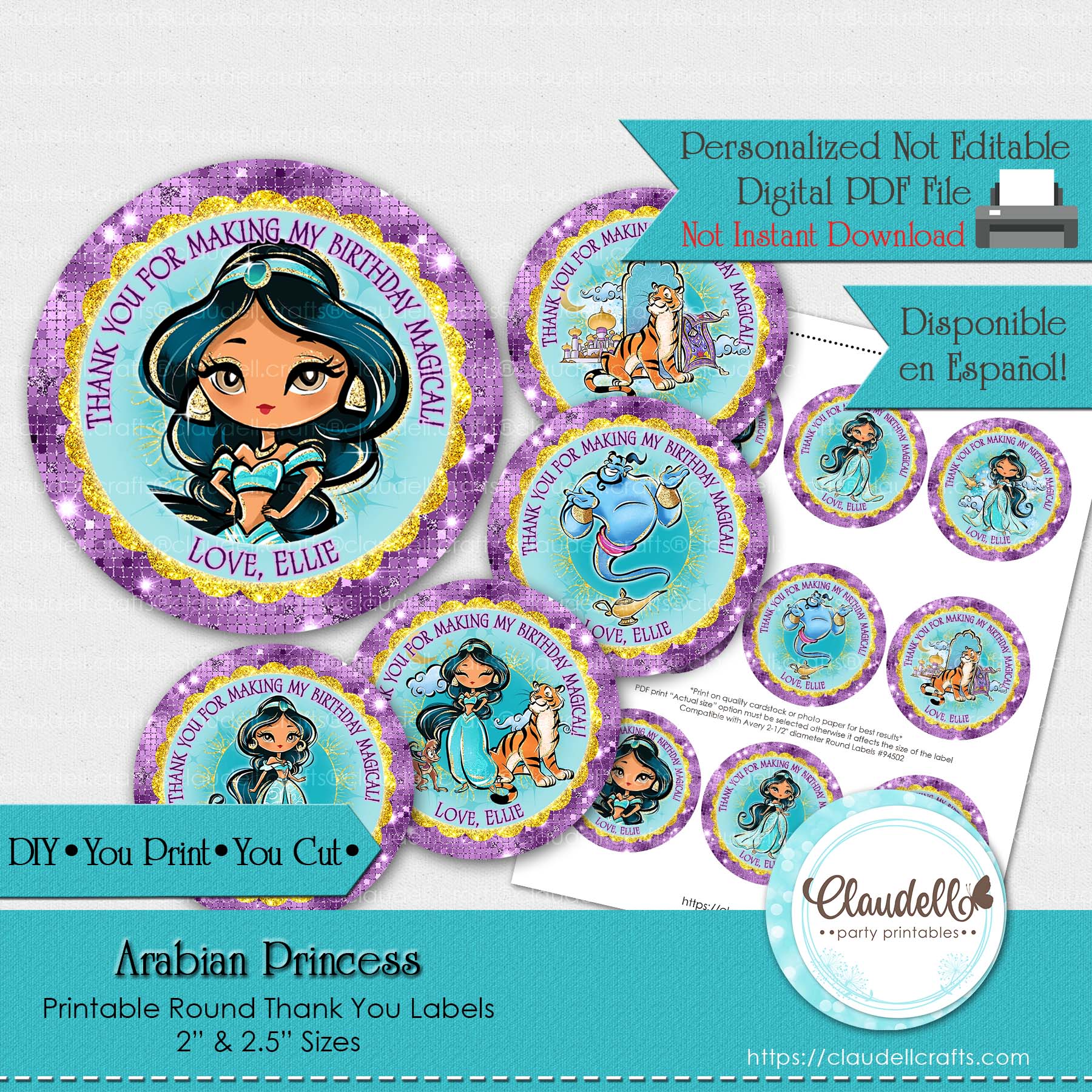 Arabian Princess Labels Birthday Party, Princess Party Round Thank You Labels, Princess Personalized Labels, Princess One Birthday Party, Princess Party Favors/Digital File Only