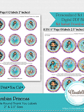 Arabian Princess Labels Birthday Party, Princess Party Round Thank You Labels, Princess Personalized Labels, Princess One Birthday Party, Princess Party Favors/Digital File Only