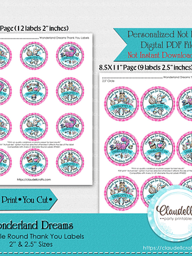 Wonderland Dreams Labels Birthday Party, Princess Party Round Thank You Labels, Wonderland Personalized Labels, Un-Birthday Party, Princess Party Favors/Digital File Only