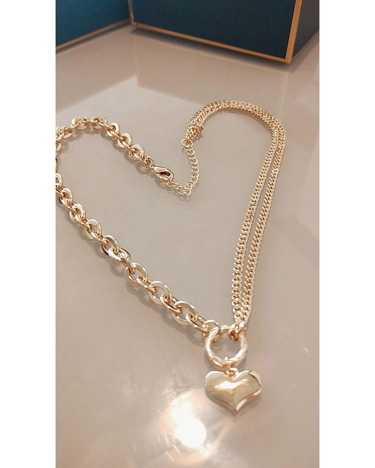 Corazón Doble Cadena y Dije Macizo Oro laminado