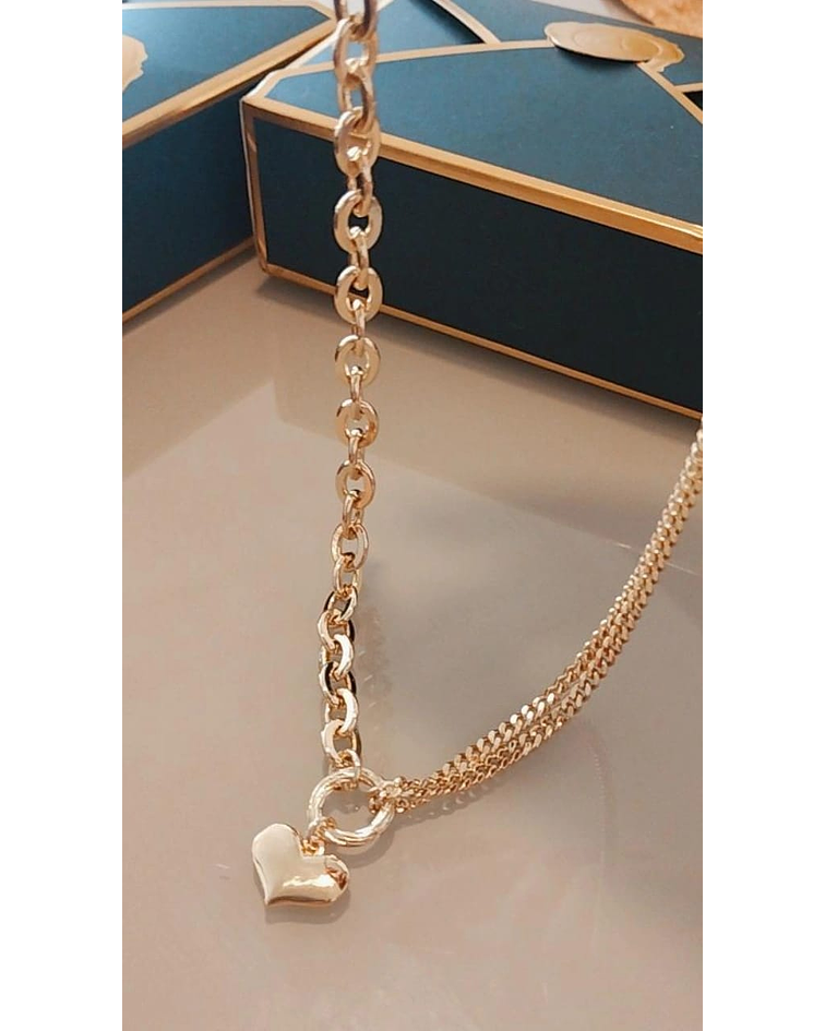 Corazón Doble Cadena y Dije Macizo Oro laminado