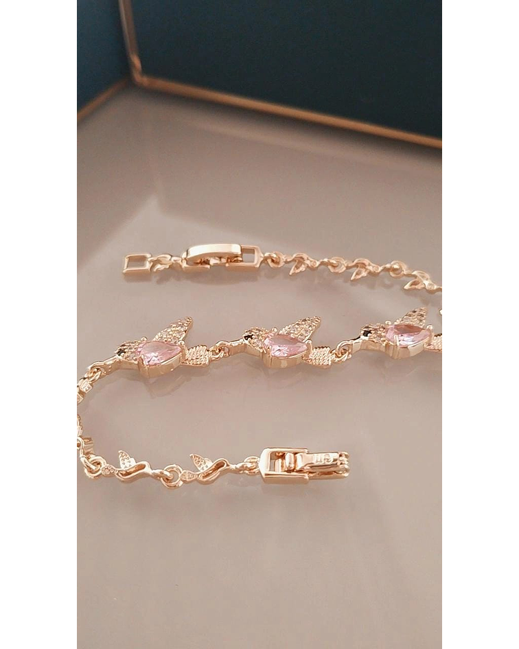Pulsera Colibríes de Ensueño  Oro Laminado y Circones Rosa