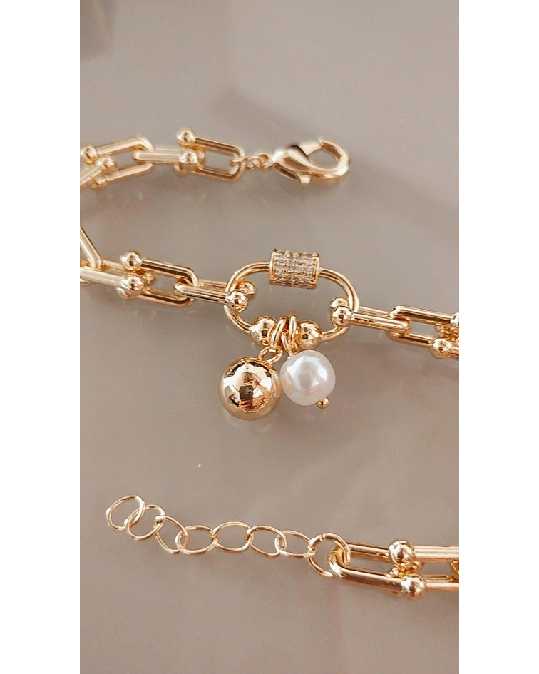 Brazalete Esfera Suprema Eslabones de Lujo y Perla Orgánica oro Laminado