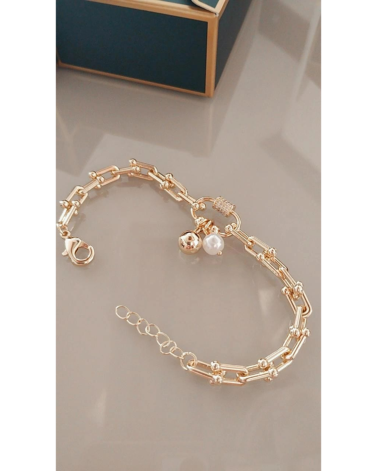 Brazalete Esfera Suprema Eslabones de Lujo y Perla Orgánica oro Laminado