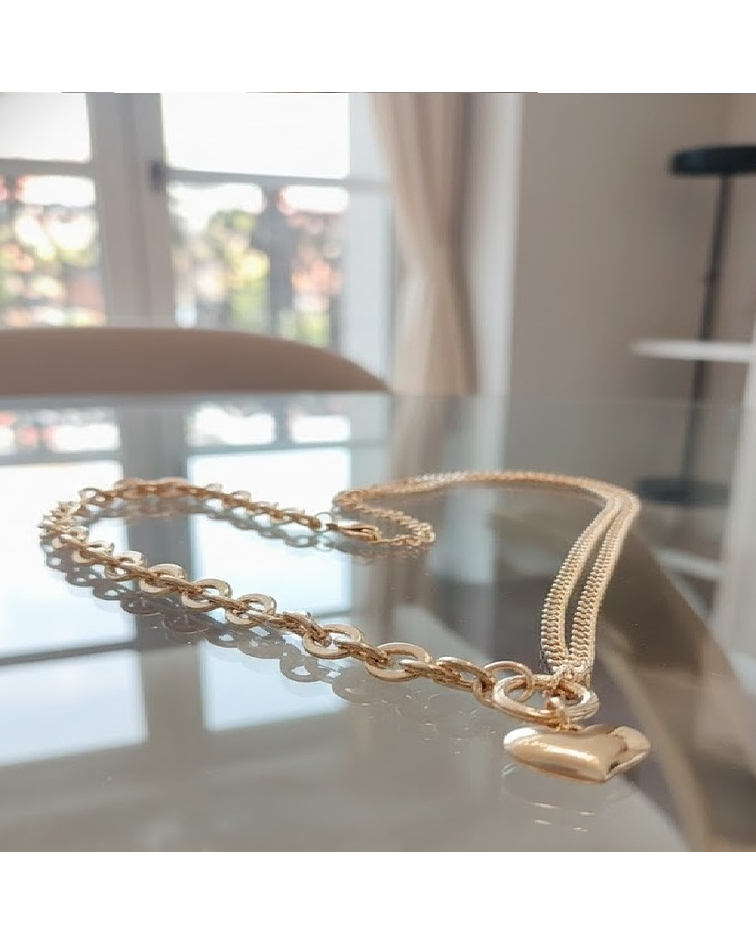 Corazón Doble Cadena y Dije Macizo Oro laminado