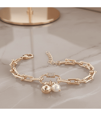 Brazalete Esfera Suprema Eslabones de Lujo y Perla Orgánica oro Laminado