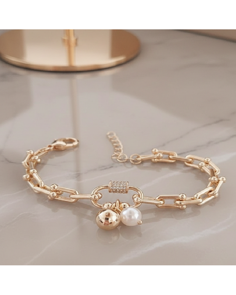 Brazalete Esfera Suprema Eslabones de Lujo y Perla Orgánica oro Laminado