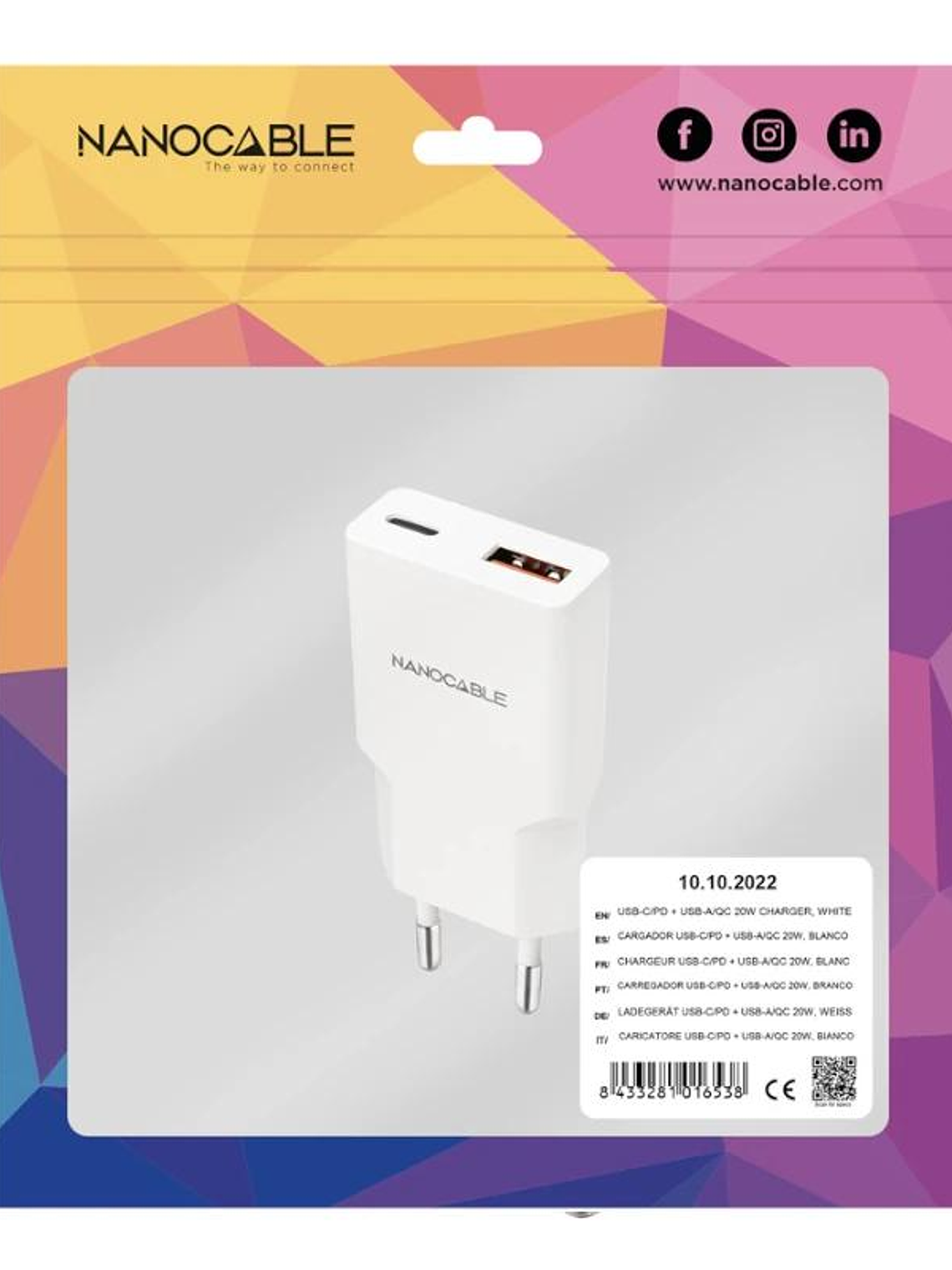 Nanocable Cargador USB-C/PD + USB-A/QC 20W Blanco 2