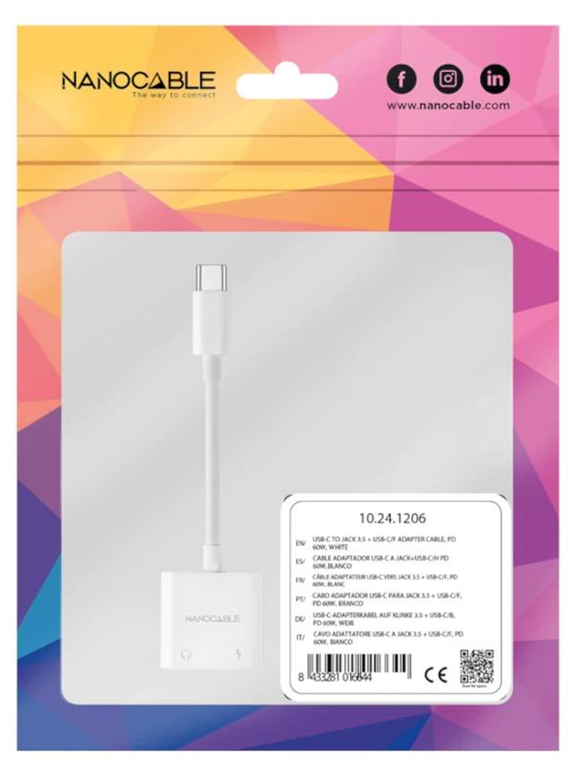 Nanocable Adaptador USB-C a Jack+USB-C/H PD 60W 3