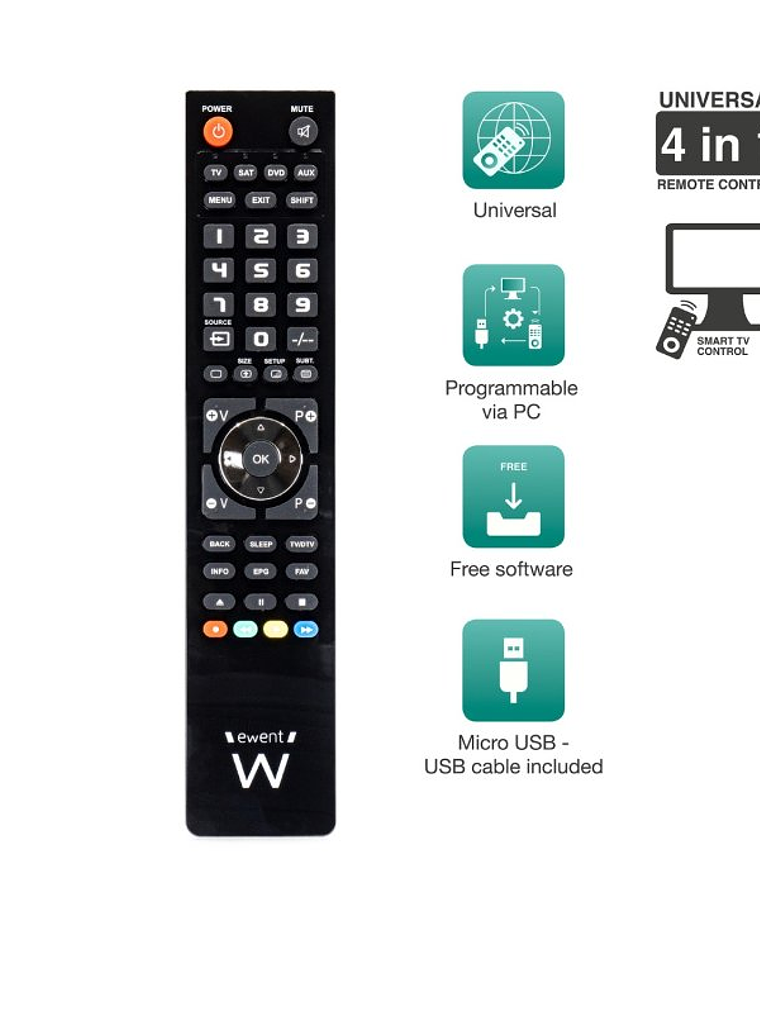 EWENT EW1570 Mando TV 4 en 1 programable x cable 4