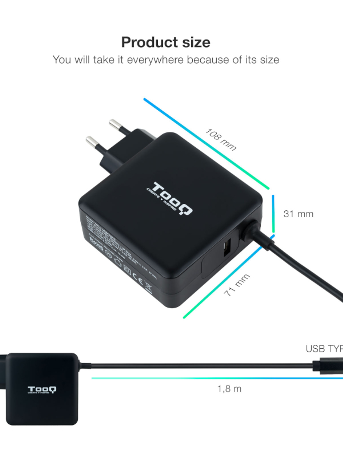 Tooq Cargador portátil conector USB-C 65W 3