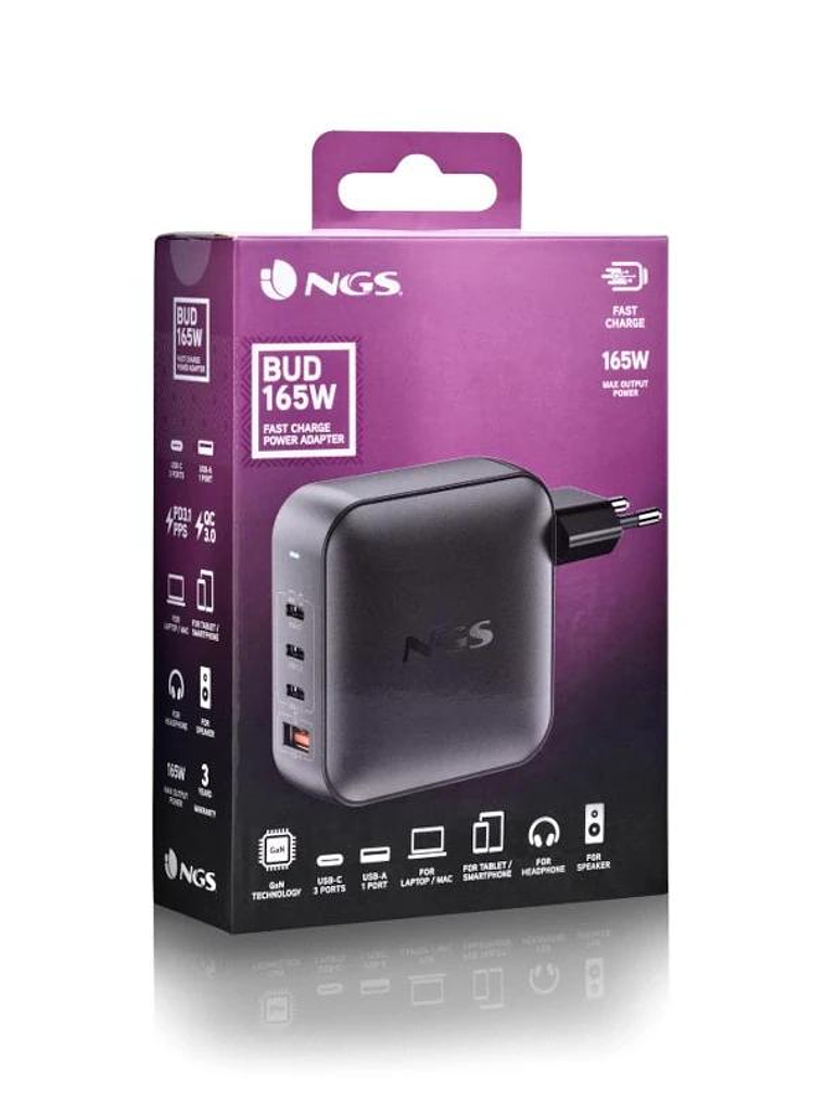 NGS CARGADOR ULTRARAPIDO165W 4 PUERTOS 3USB-C 1 US 3