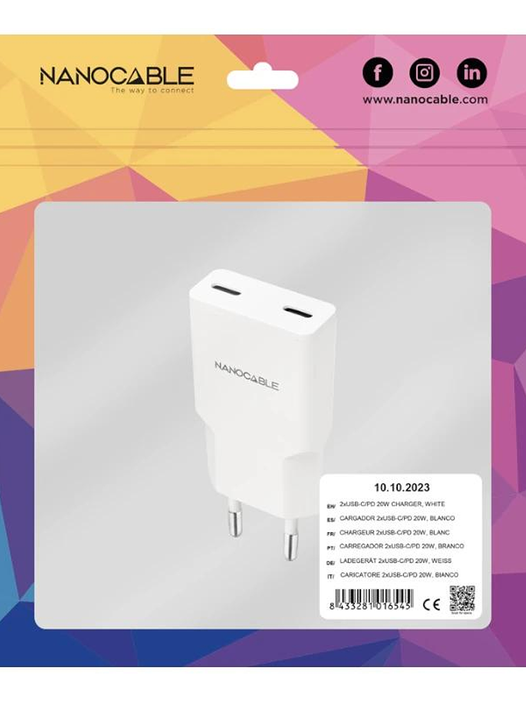 Nanocable Cargador 2xUSB-C/PD 20W  Blanco 2