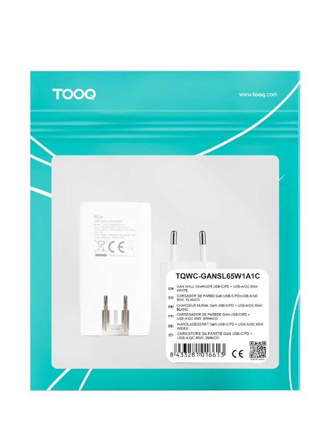 Tooq Cargador pared GAN USB-C/PD + USB-A/QC 65W 4