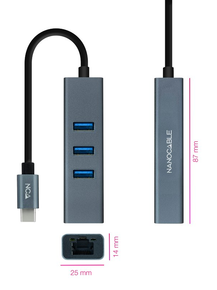Nanocable Conversor USB-C Ethernet +3xUSB 3.0 2