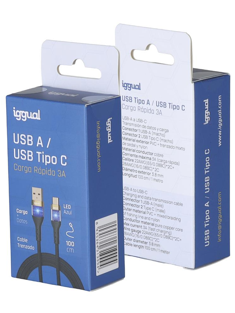 iggual Cable USB-A a tipo C 3A 100 cm trenzado LED 2