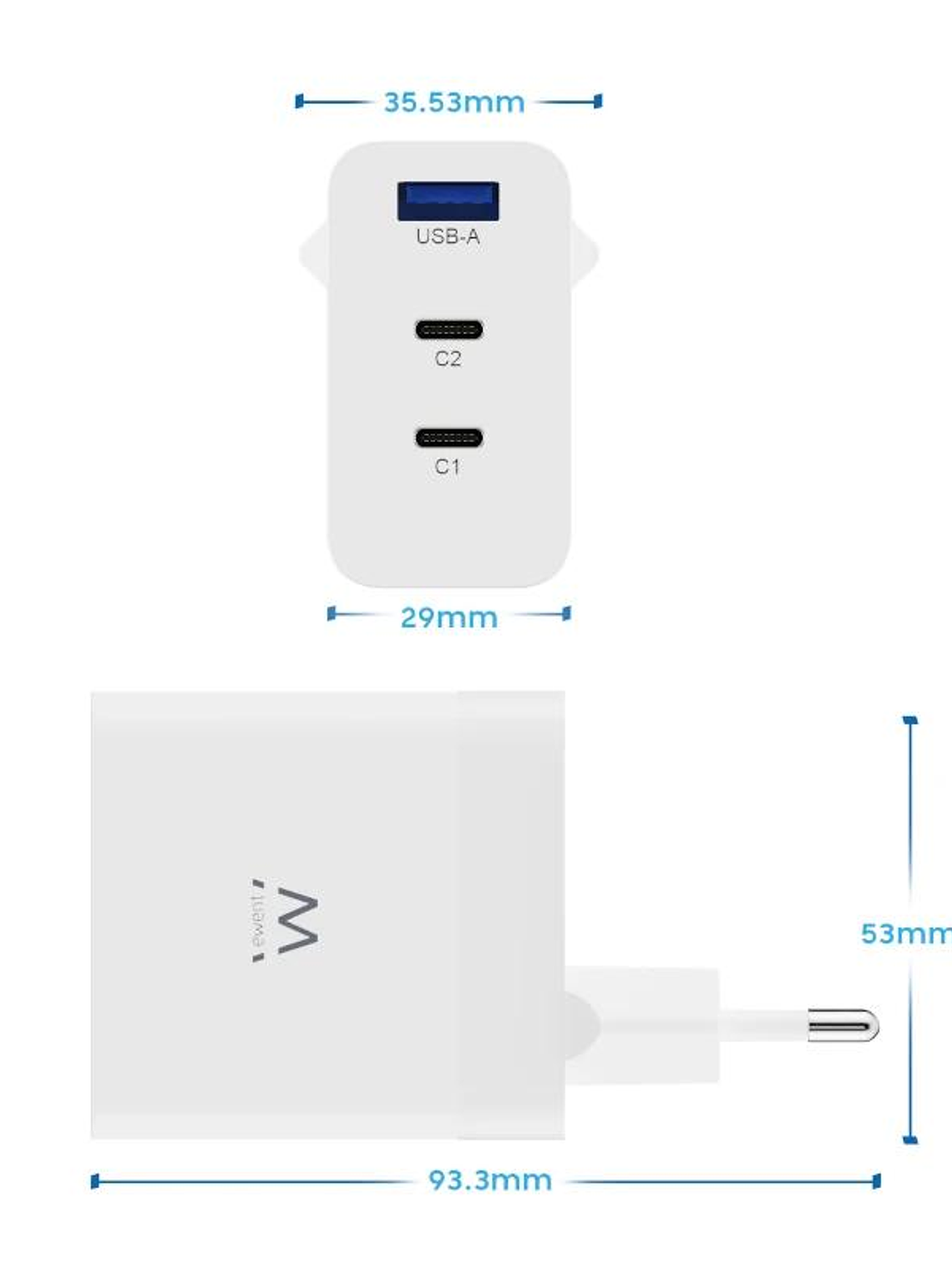 EWENT Cargador carga rapido 65w usb-c y usb-a 3