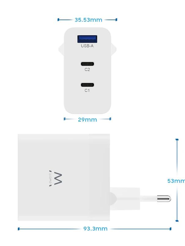EWENT Cargador carga rapido 65w usb-c y usb-a 3