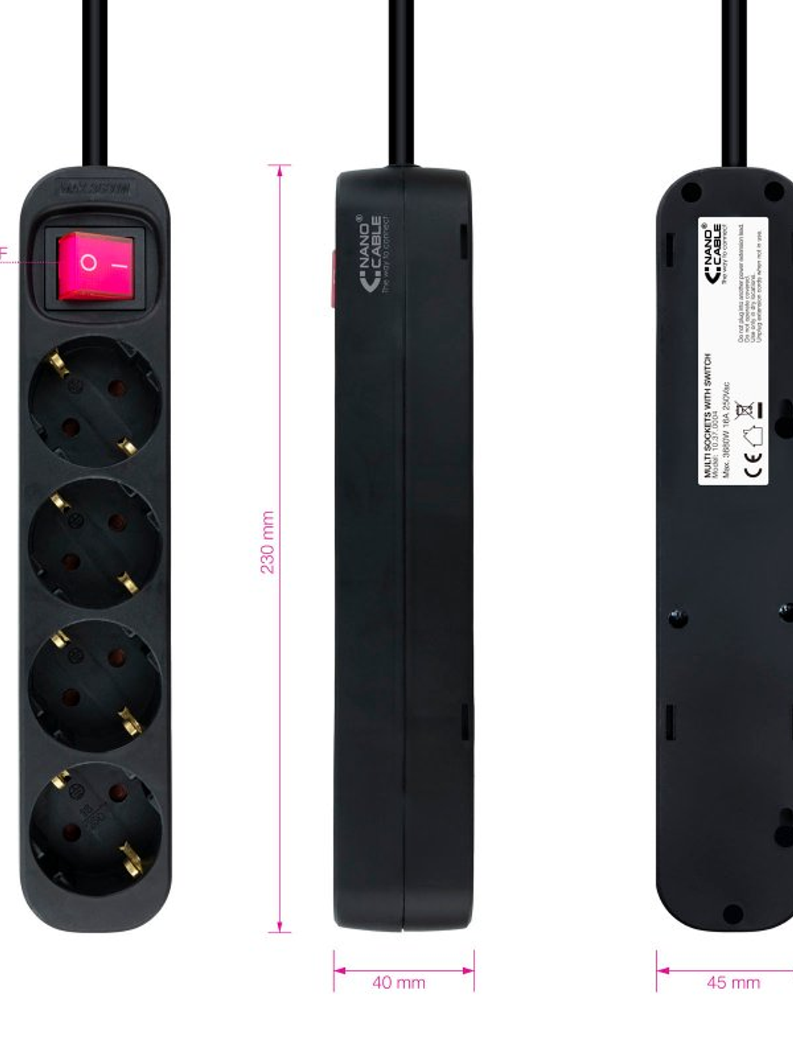 Nanocable Regleta 4 tomas con interruptor Negro 2