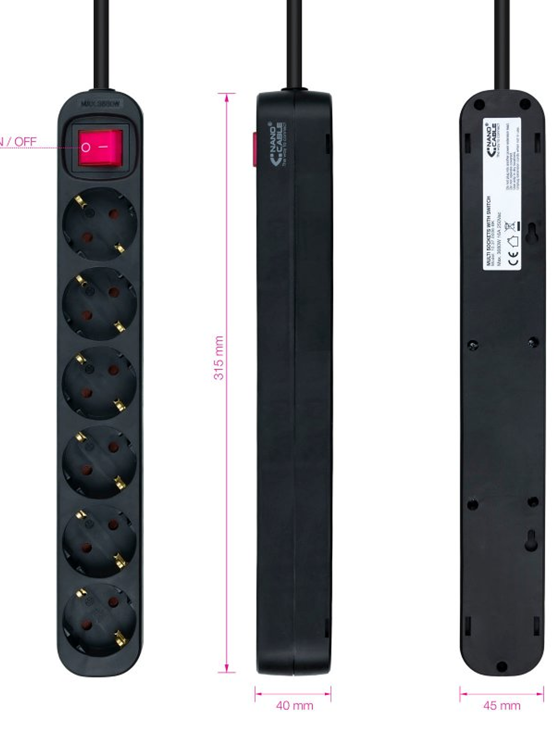 Nanocable Regleta 6 tomas con interruptor Negro 2